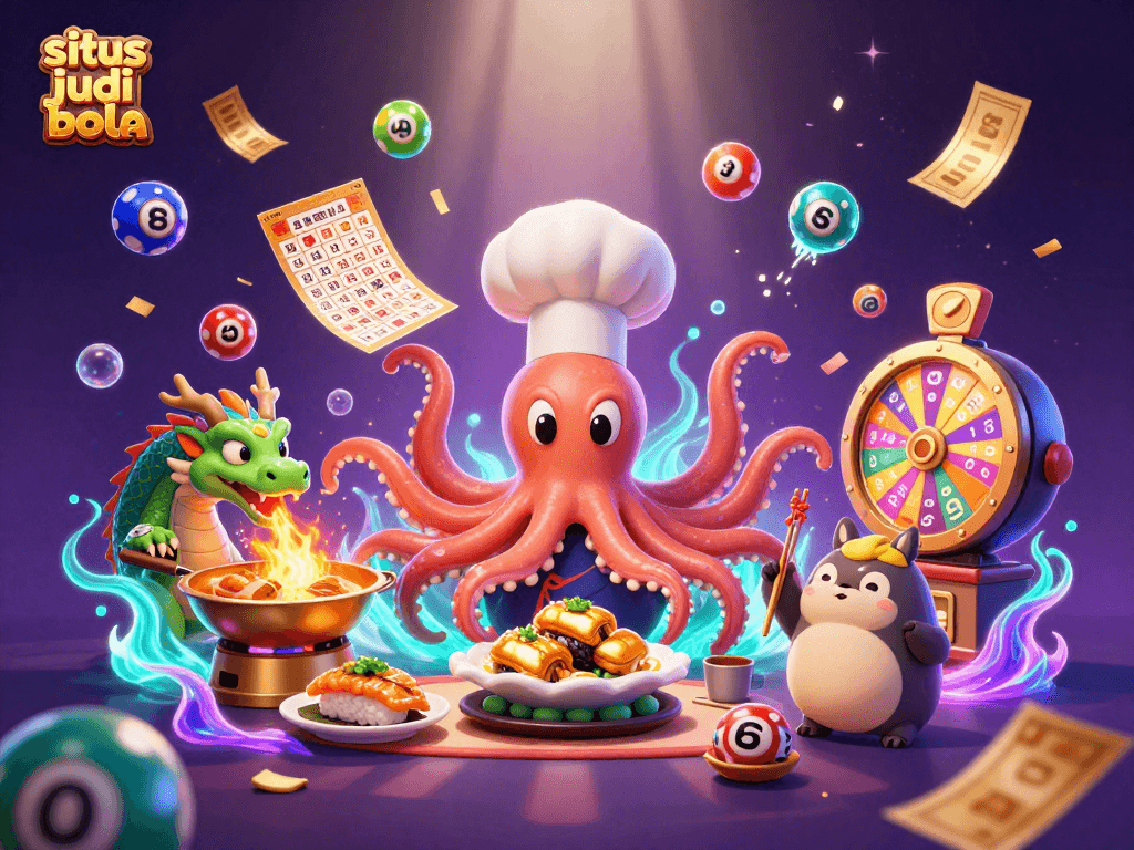 Experience the action at situs judi bola with vibrant lottery balls, characters, and dynamic scene elements.