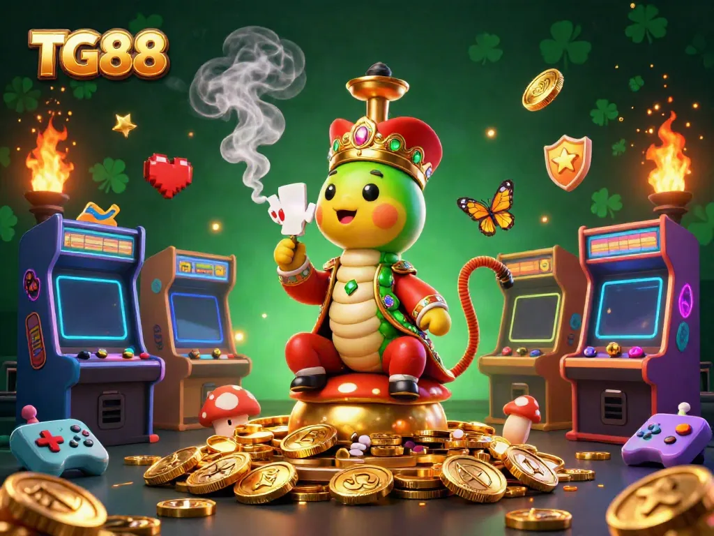 Experience TG88 vividly with a caterpillar hookah-master in a vibrant, colorful casino setting.