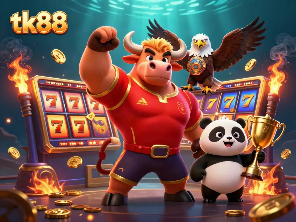 Experience thrilling wins at tk88 with a dynamic 3D casino victory scene featuring playful characters and dazzling slot symbols.