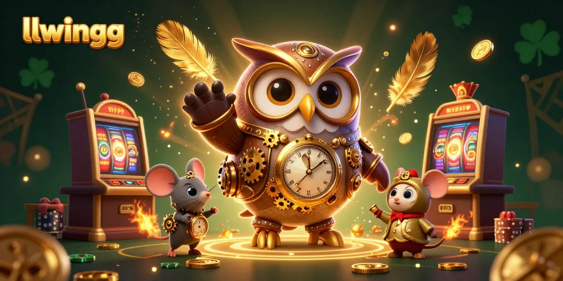 Engage with llwingg’s vibrant casino adventure, featuring a time-traveling owl amid slots and golden coins.
