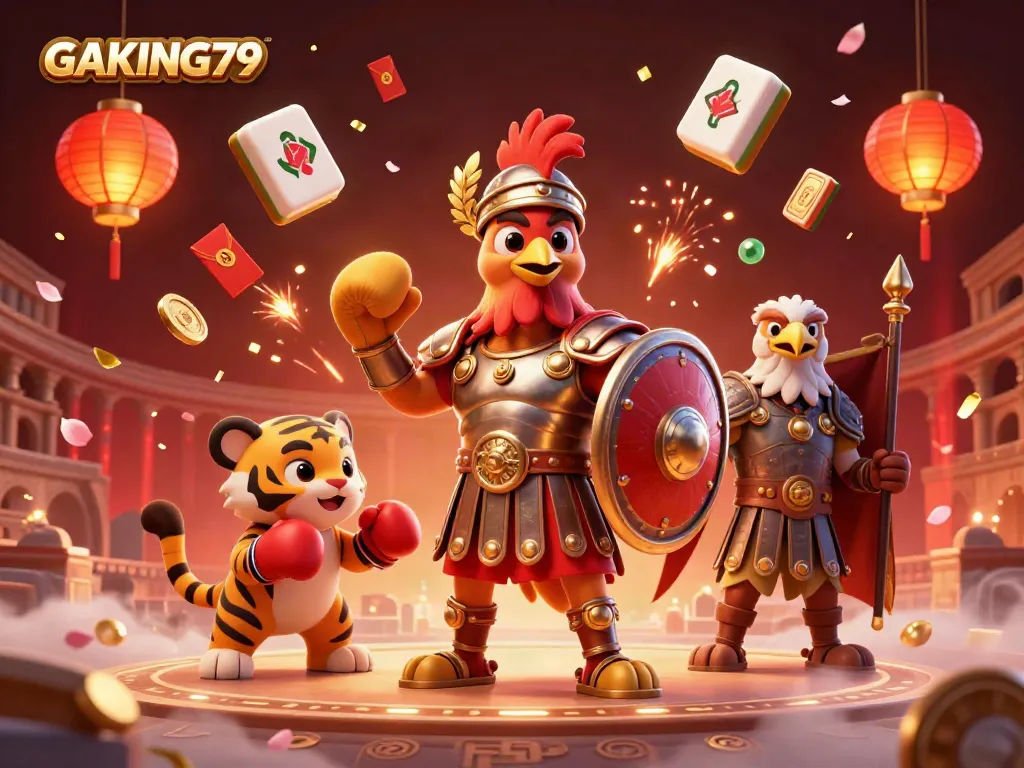 Experience the excitement of GAKING79 with a vibrant 3D illustration of a gladiator rooster in a colosseum, surrounded by lively elements.
