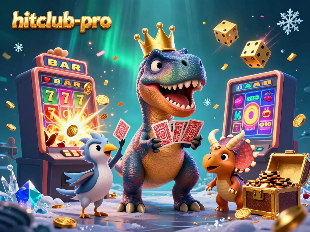 Engage with hitclub-pro's exciting casino scene featuring a T-Rex card dealer and a jackpot explosion.
