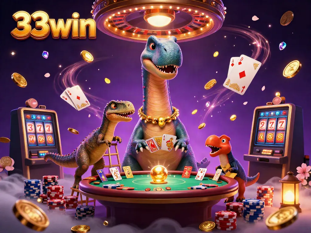 Engage in thrilling 33win adventures amidst a vibrant casino scene with dynamic characters and game elements.