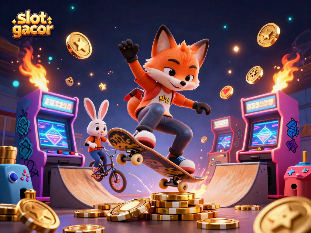 Engage with slot gacor through vibrant gameplay featuring a 3D fox and rabbit in a casino-style scene.