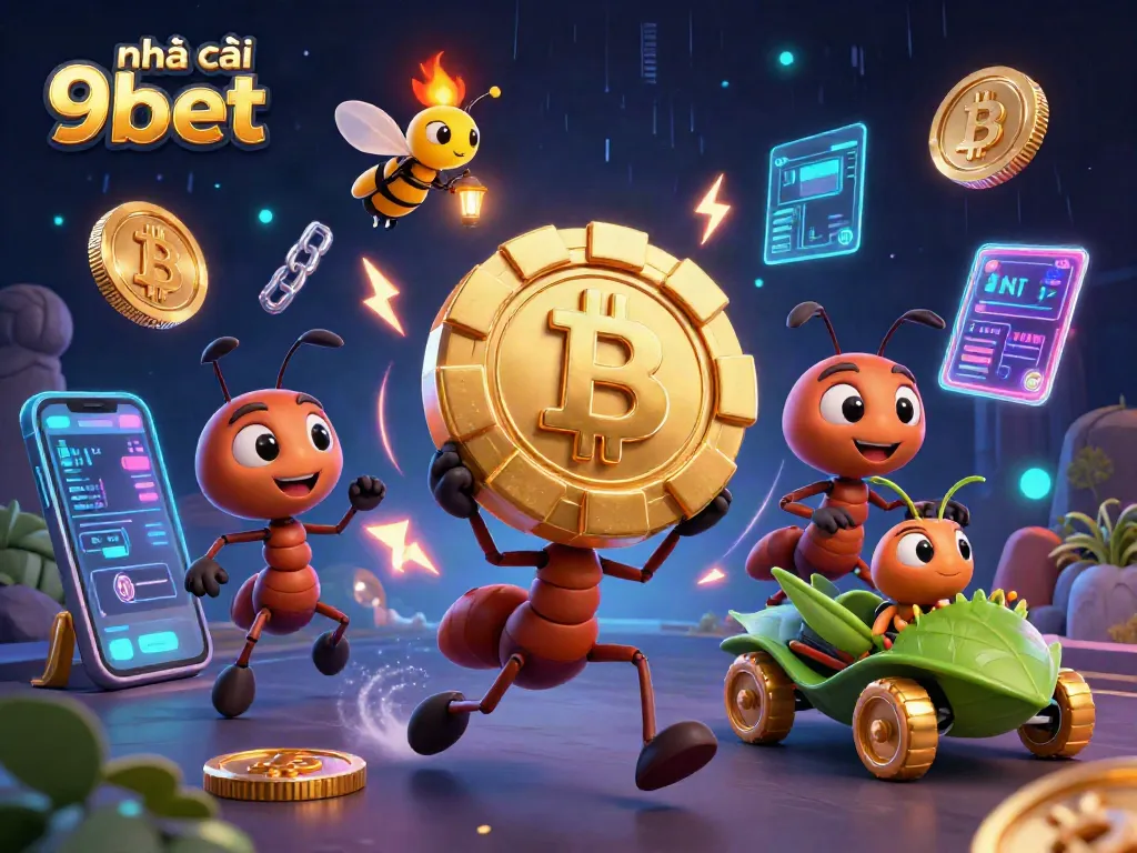 Experience the excitement of nhà cái 9bet with ants in a heist, surrounded by glowing crypto elements.