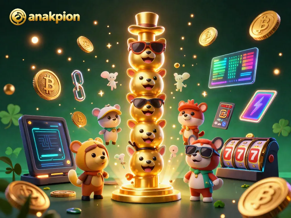 Experience vibrant gaming with anakpion's golden totem amidst glowing crypto elements and dynamic gaming symbols.