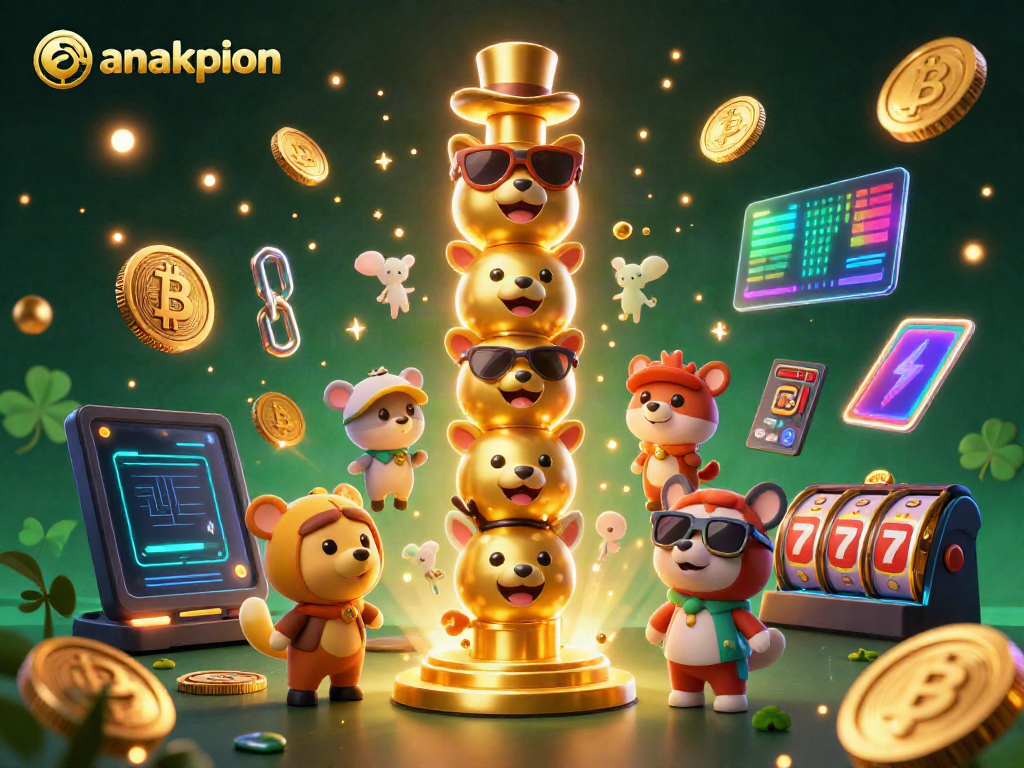 Experience vibrant gaming with anakpion's golden totem amidst glowing crypto elements and dynamic gaming symbols.