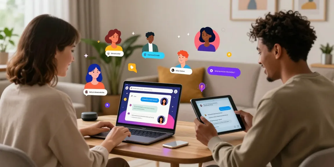 Two users enjoying ai sex chat in a cozy home setup, showcasing diverse characters and vibrant interactions.