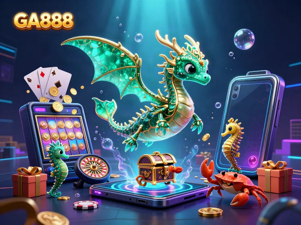 Engaging GA888 online casino scene with an emerald sea dragon, immersive gaming elements, and captivating underwater effects.