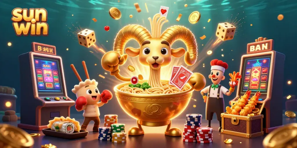 Experience sun win excitement with a vibrant 3D scene of animated characters celebrating in a casino.