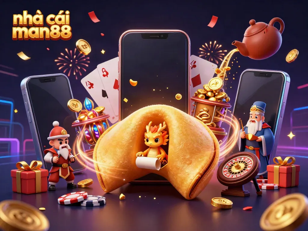 Win big with nhà cái man88's vibrant 3D casino illustration featuring fortune cookie, dragon, and gaming elements.