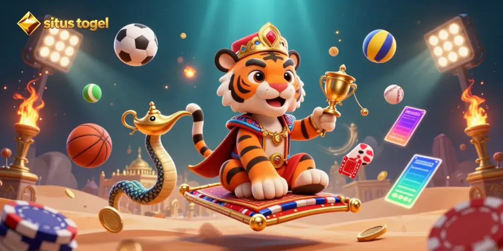 Engage with situs togel in a vibrant 3D casino scene featuring a tiger sultan and dynamic sports elements.