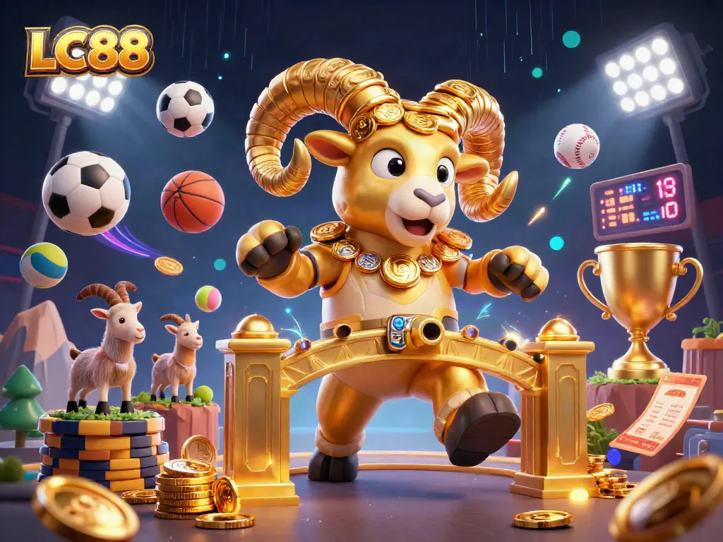LC88 showcases a massive golden ram charging at a golden gate amidst dynamic casino action and sports elements.