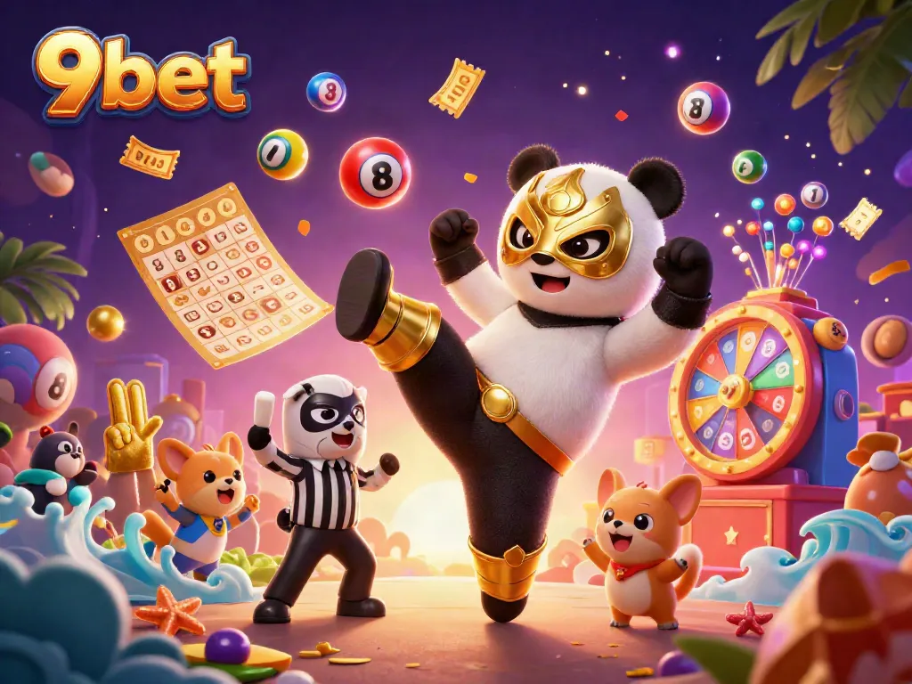 Experience the excitement of 9bet with a colorful scene of a panda wrestler and animal spectators.