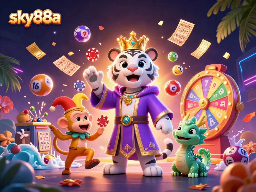 Engage with sky88a through a vibrant 3D casino scene showcasing dynamic lottery elements.