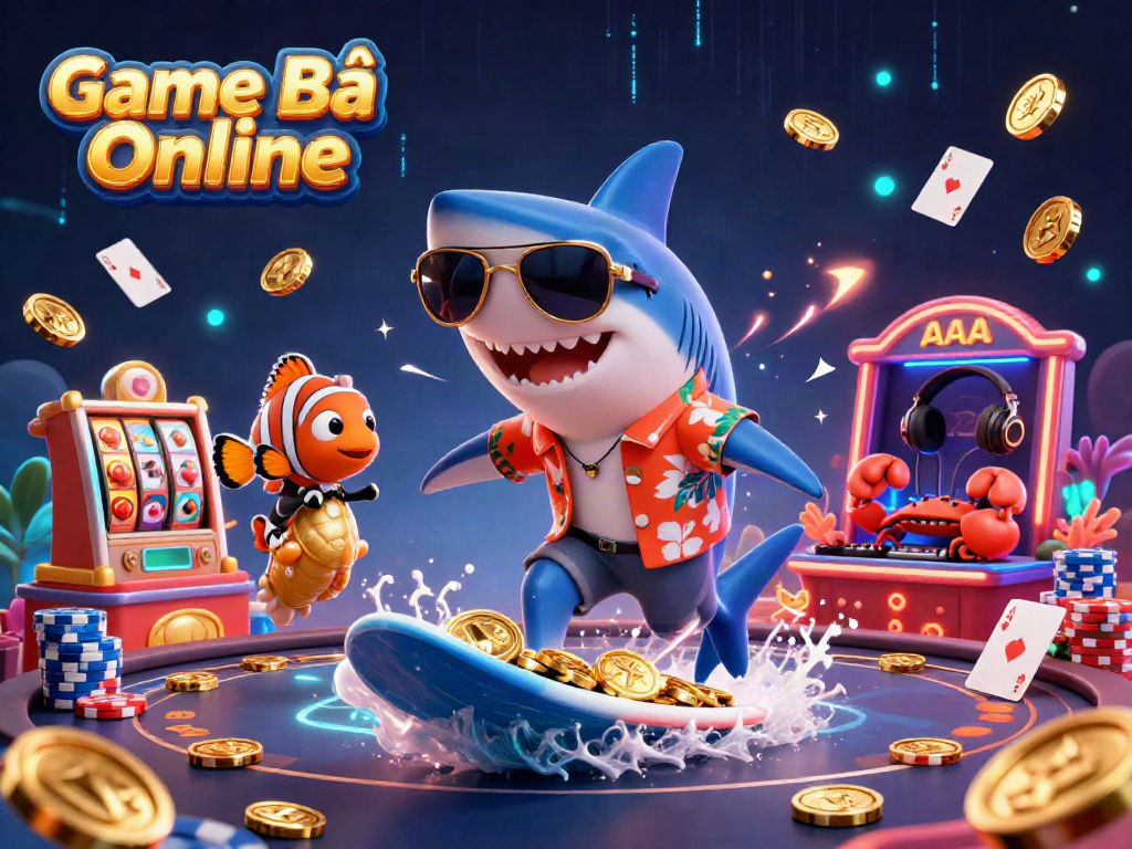 Experience exciting Game Bài Online with a vibrant scene featuring a shark on gold coins, poker elements, and colorful characters.
