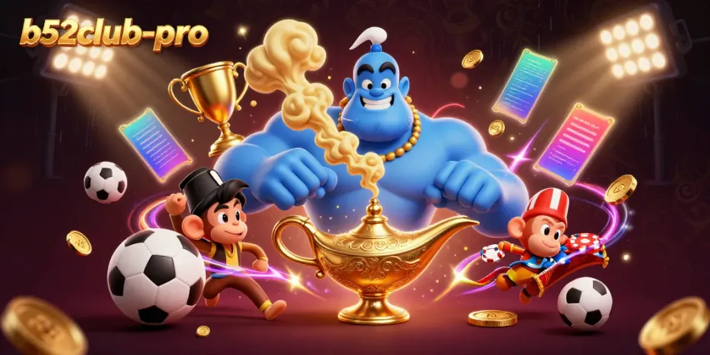 Engage with b52club-pro: a vibrant casino scene featuring a genie, monkey, and poker elements.