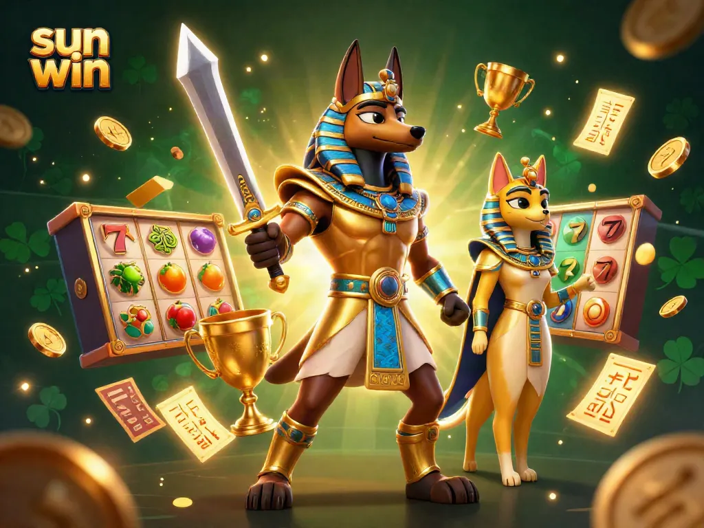 Experience the excitement of sun win gaming with an illustration of Anubis in a casino setting.