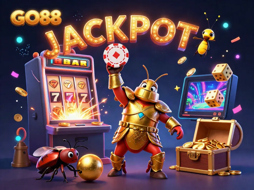 Three 3D cartoon beetles celebrate a jackpot at GO88 casino, surrounded by vibrant casino game symbols.
