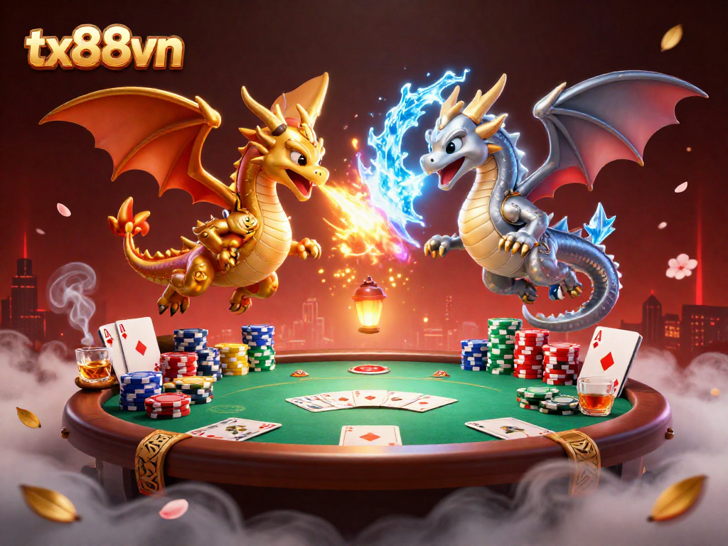 Engage with tx88vn and master gaming strategies as twin dragons battle in a vibrant casino atmosphere.