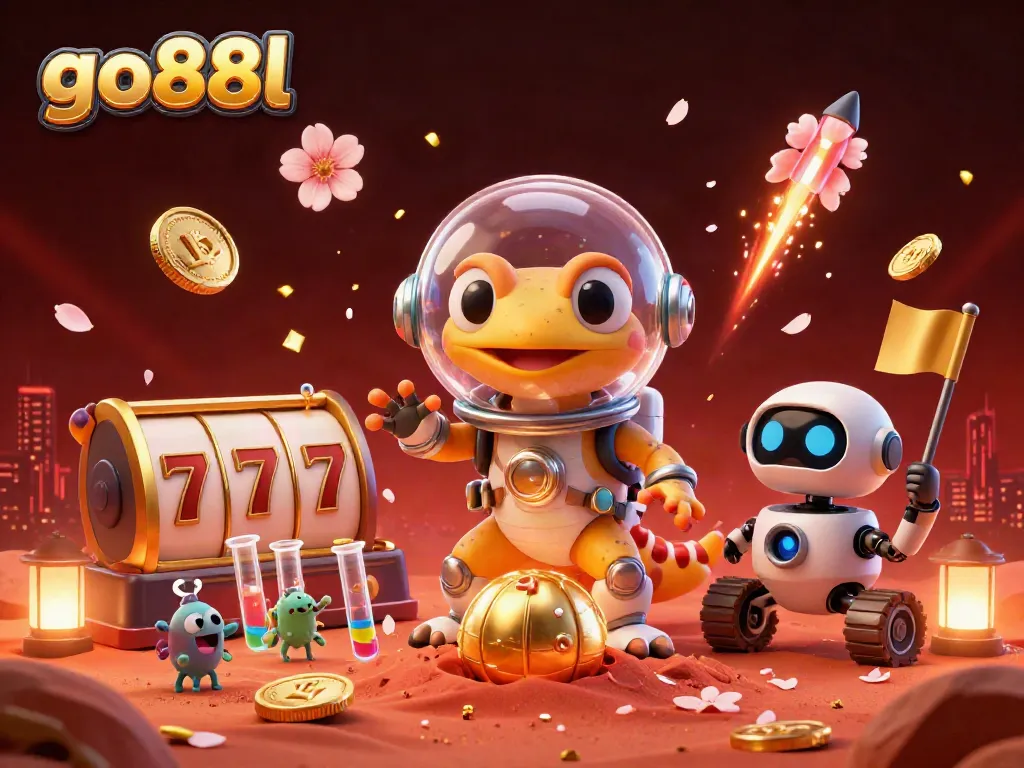 Experience the thrilling world of go88l as a Martian gecko discovers a golden casino amidst colorful gaming elements.