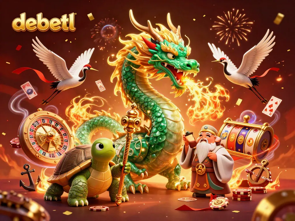 Engage with debetl in an electrifying digital casino scene featuring a jade dragon, turtle sage, and lucky cranes.