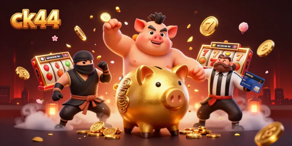 Experience thrilling action with ck44 featuring a golden piggy bank sumo wrestler among dazzling slot elements and festive decorations.