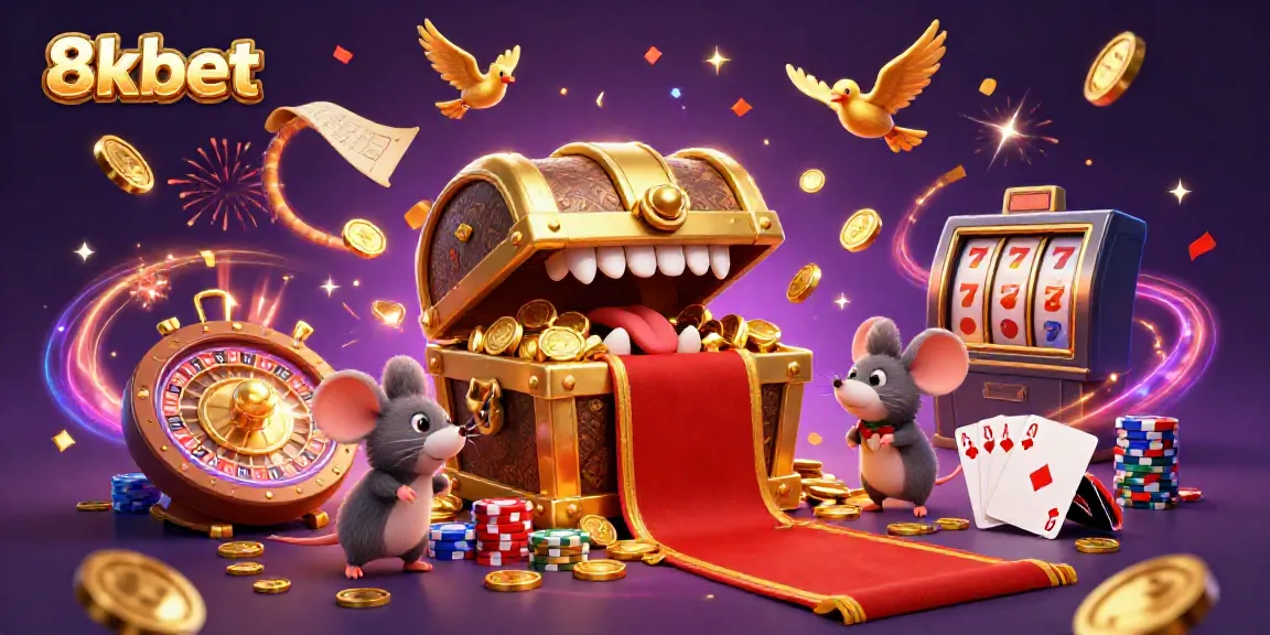 Play exciting games at 8xbet, featuring vibrant 3D illustrations of casino elements, treasure chests, and rich golden coins.