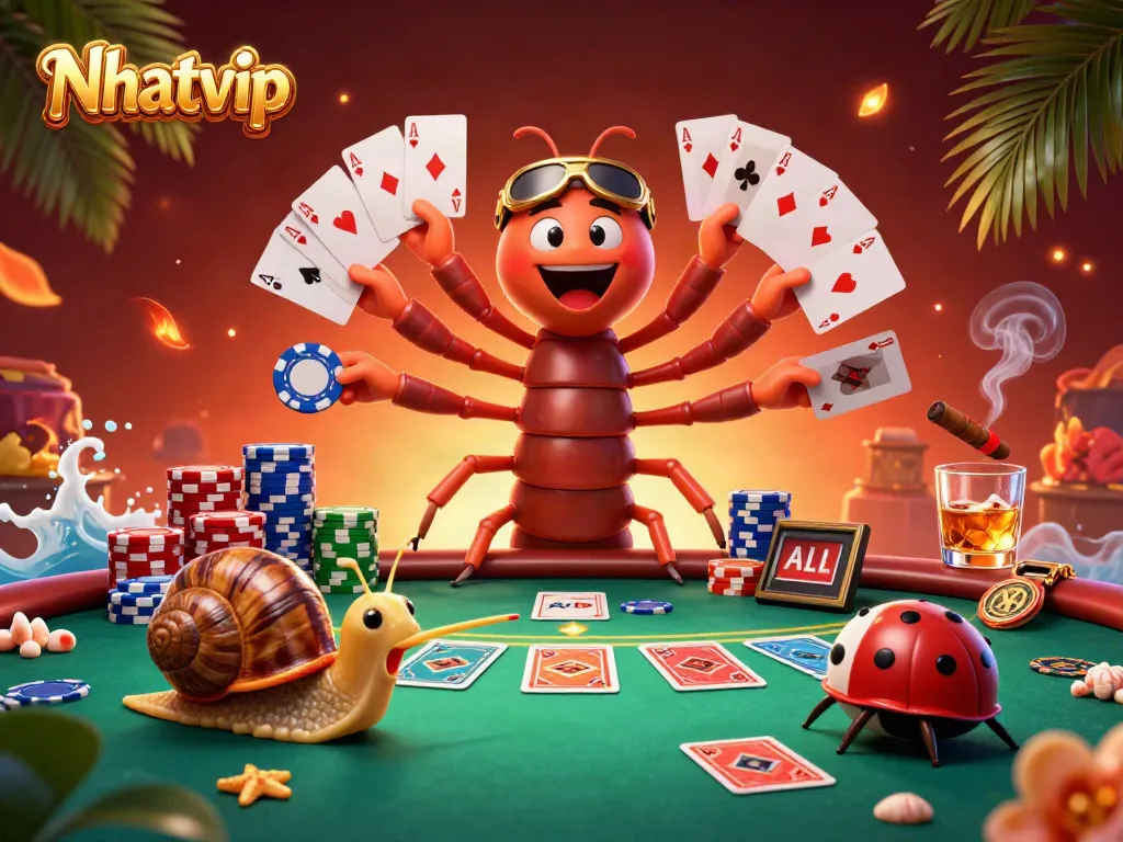 Experience the thrill of Nhatvip with a lively casino scene depicting a cartoon dealer and high rollers.