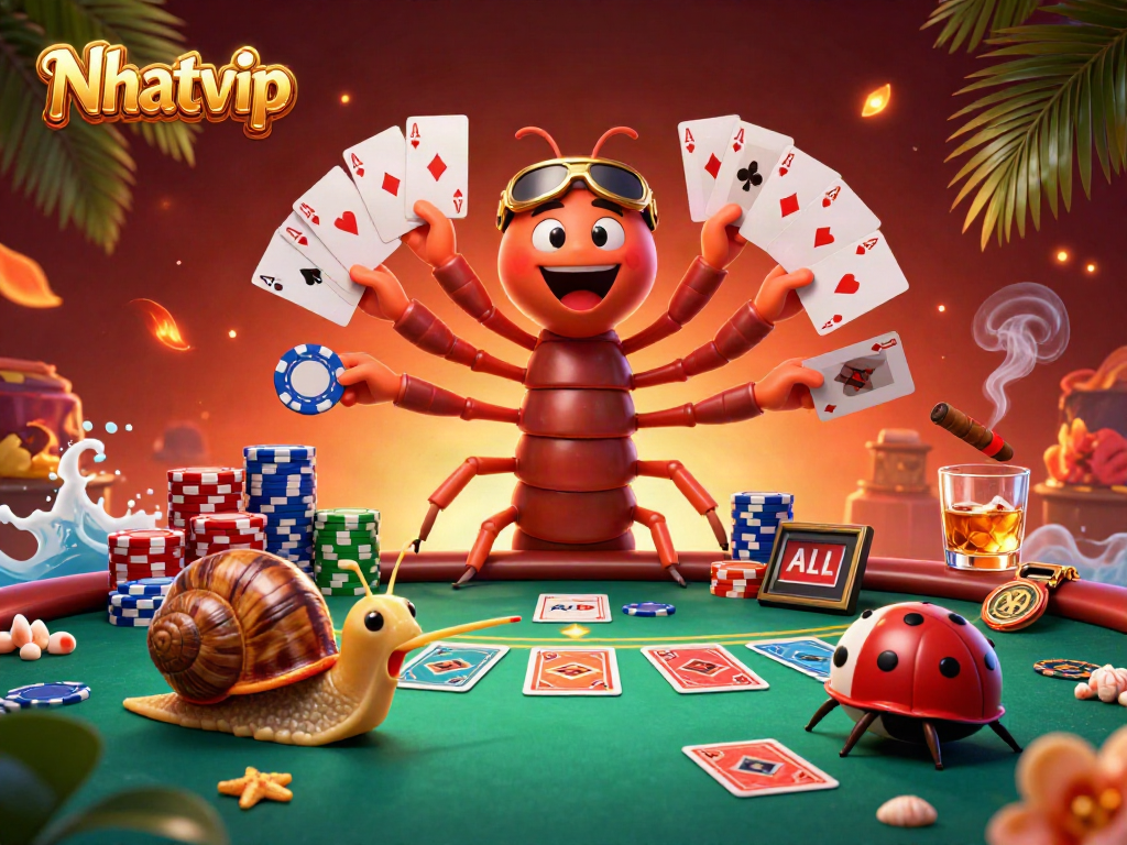 Experience the thrill of Nhatvip with a lively casino scene depicting a cartoon dealer and high rollers.