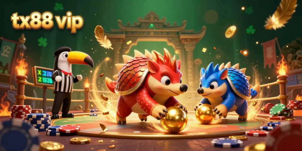 Engage in thrilling gaming at tx88 vip with vivid pangolin rivals amidst poker chips and festive elements.
