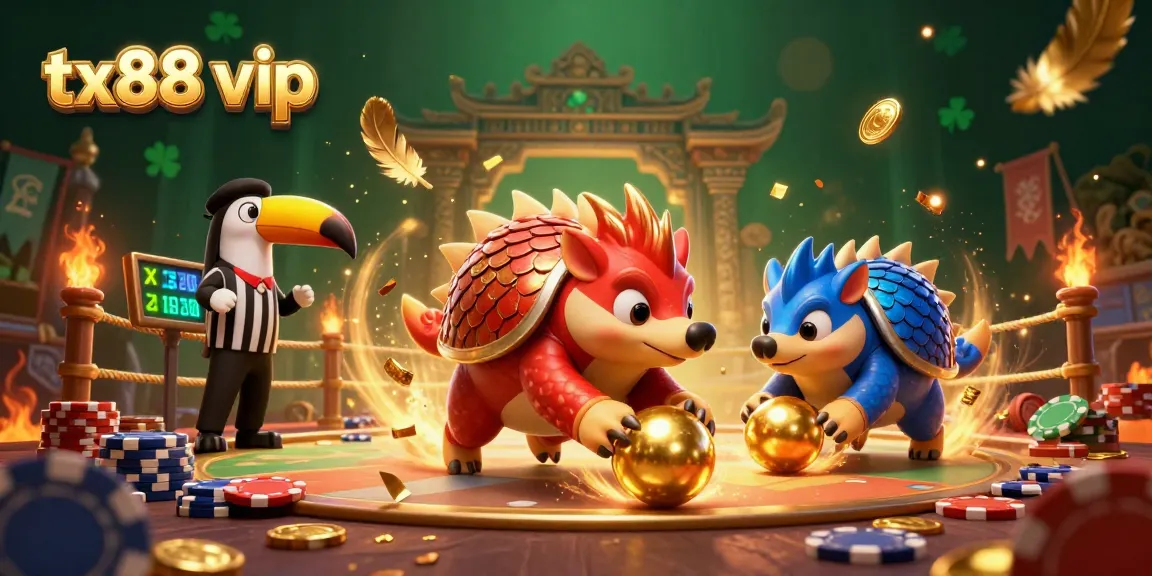 Engage in thrilling gaming at tx88 vip with vivid pangolin rivals amidst poker chips and festive elements.