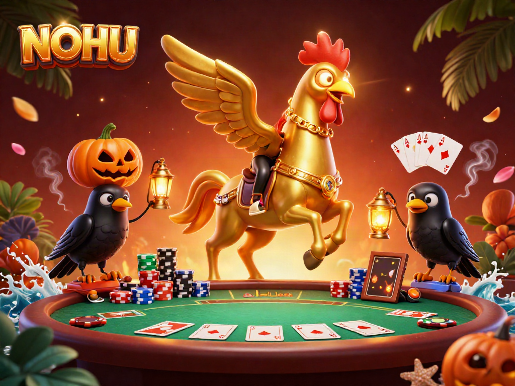 NOHU's dynamic golden rooster and spectral horse gallivanting in a vibrant casino atmosphere.