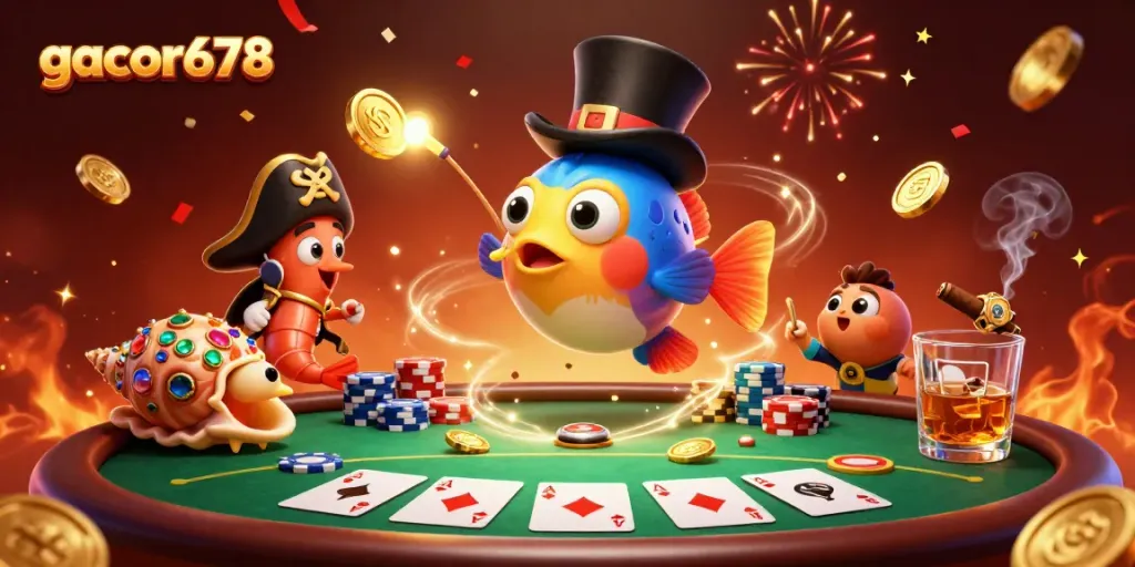 Captivating action in gacor678 as glowing anglerfish, pirate shrimp, and gem shell snail engage in a vibrant casino scene.