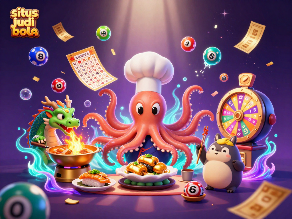 Experience the action at situs judi bola with vibrant lottery balls, characters, and dynamic scene elements.