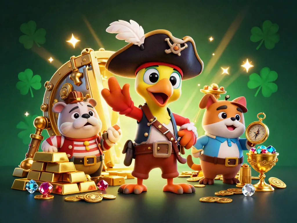 SV88 captivates players with a vibrant 3D casino illustration, showcasing gold treasures and lively characters.
