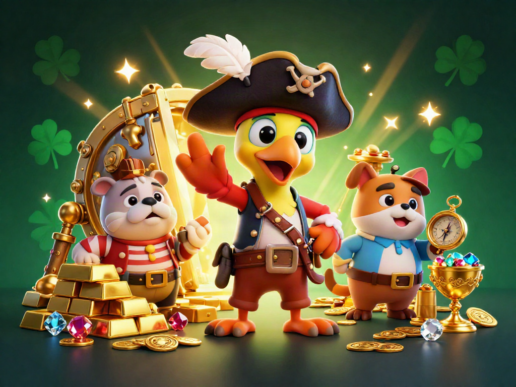 SV88 captivates players with a vibrant 3D casino illustration, showcasing gold treasures and lively characters.