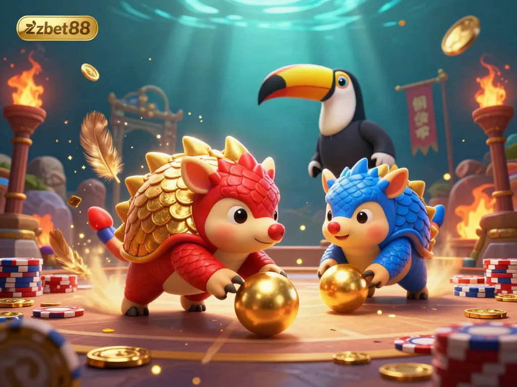 Vibrant action scene with zbet88 logo as rival pangolins roll through poker chips amidst an exciting casino atmosphere.