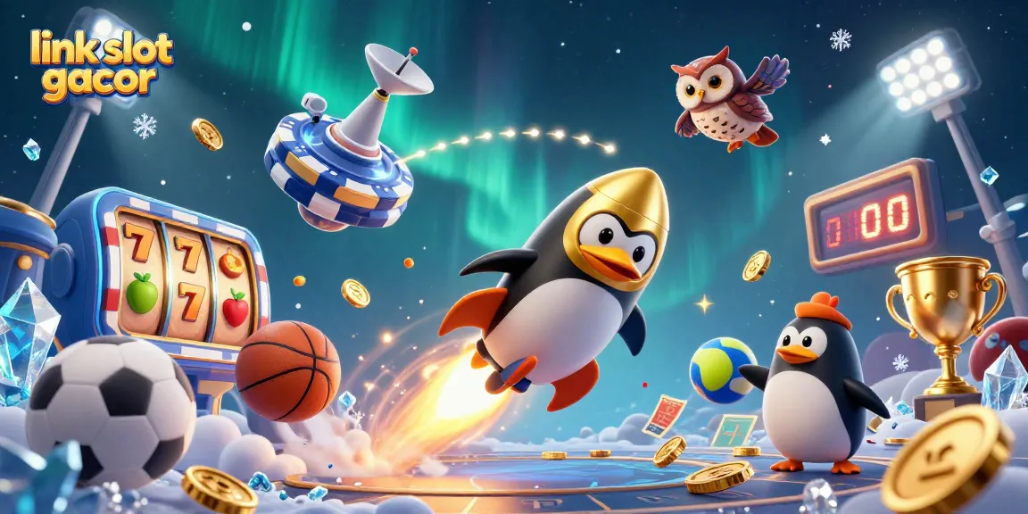 Engage with link slot gacor in this vibrant 3D illustration featuring a golden penguin and casino elements.