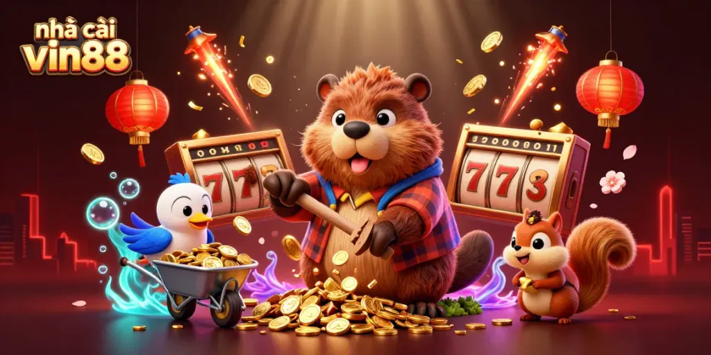 Experience the excitement at nhà cái vin88 with a vibrant scene featuring casino elements and dynamic characters.