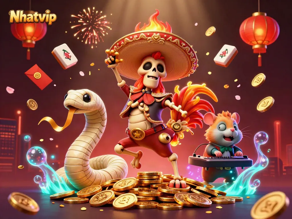 Nhatvip showcases an exciting victory scene with colorful characters in a lively casino backdrop.
