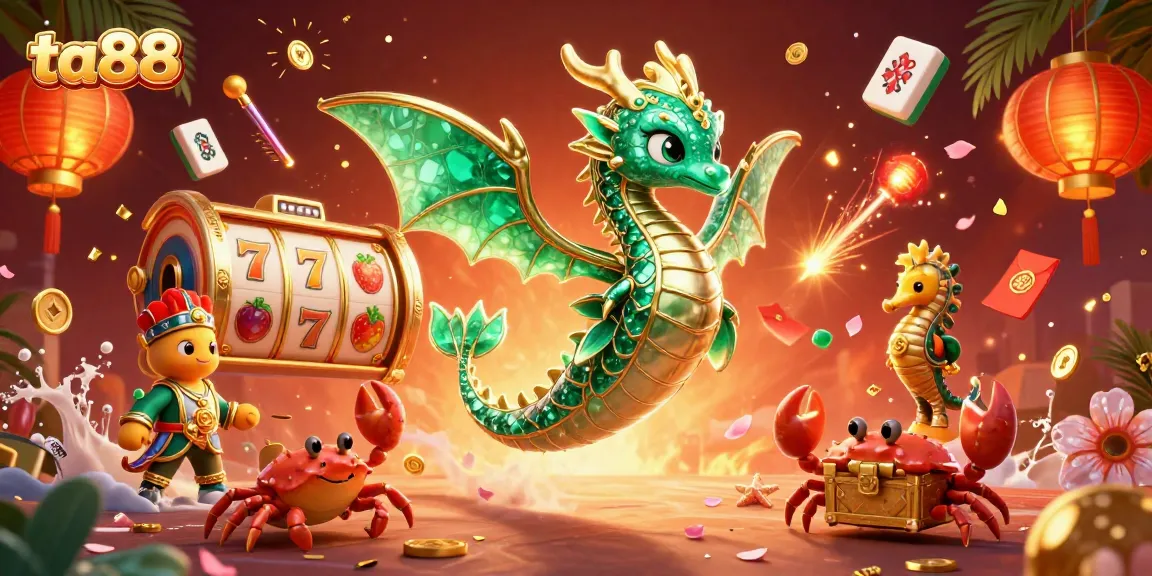 Engage in the ta88 casino experience with immersive 3D illustration showcasing a sea dragon, slot reels, and vibrant gaming elements.