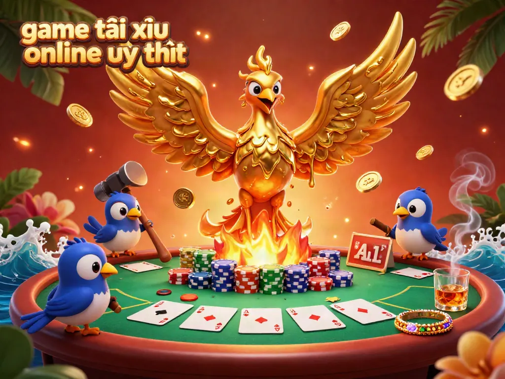 Experience the excitement of game tài xỉu online uy tín with golden phoenix, poker elements, and vibrant decor.