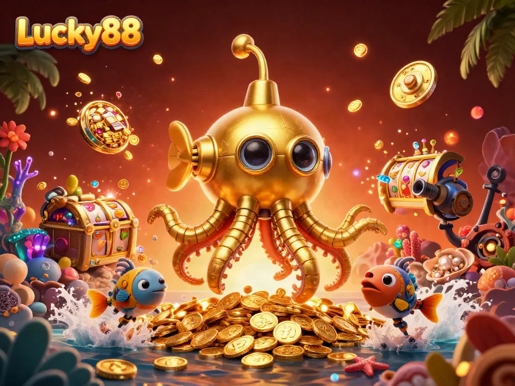 Engage with Lucky88's vibrant online gaming experience featuring golden kraken submarine, slot reels, and treasure.
