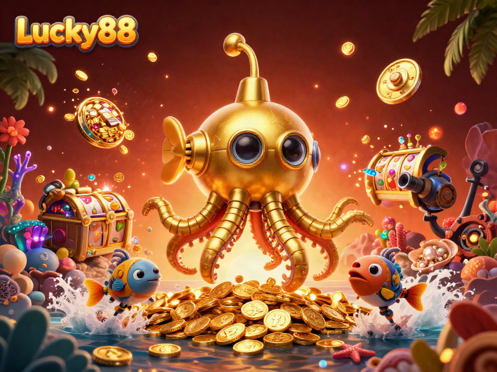 Engage with Lucky88's vibrant online gaming experience featuring golden kraken submarine, slot reels, and treasure.