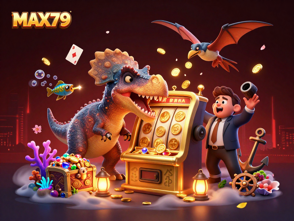 MAX79 casino scene with pachycephalosaurus winning jackpot at slot machine while ankylosaur and pteranodon catch flying coins
