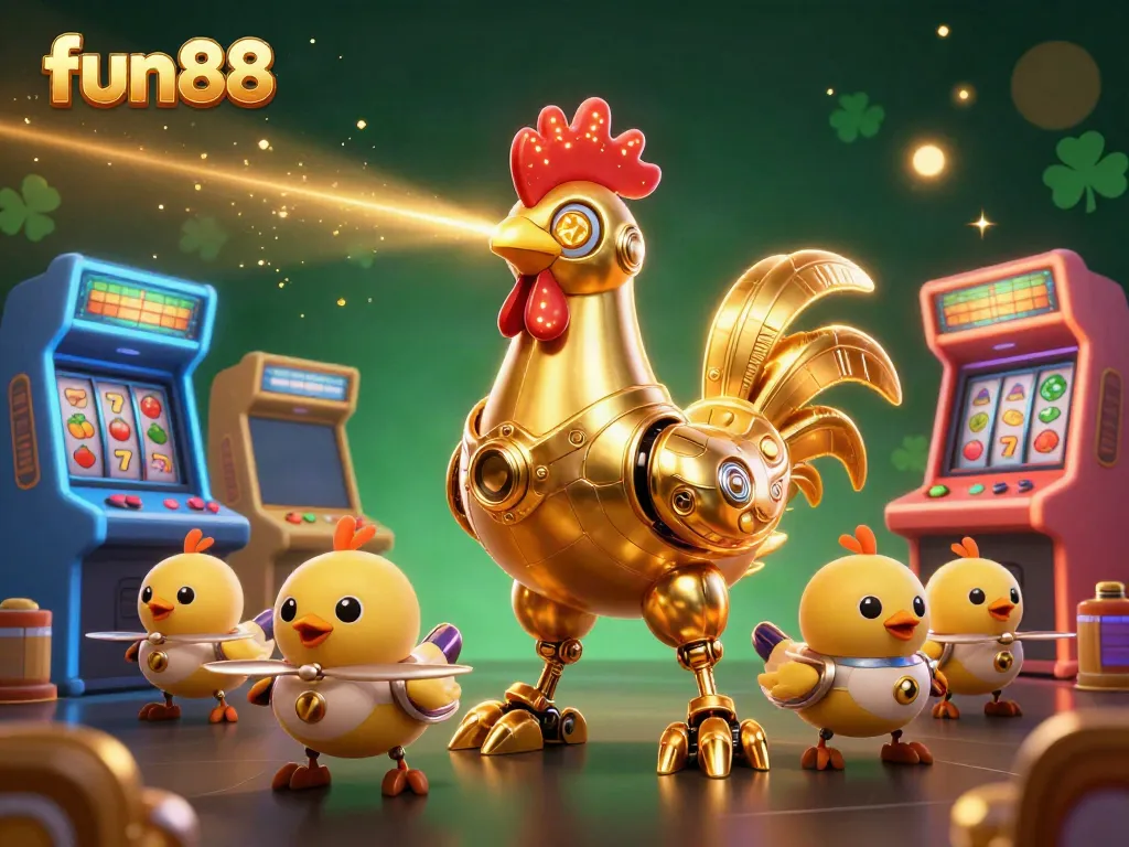 Experience the vibrant fun88 gaming world with a golden rooster robot and arcade elements.