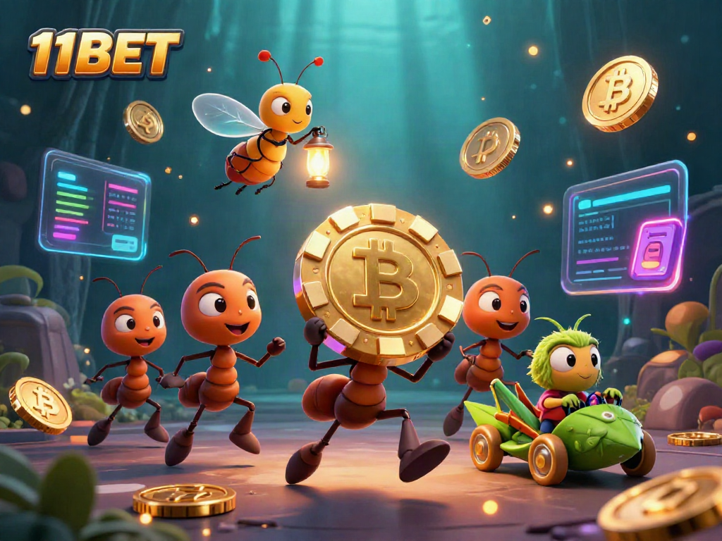 Engage in exciting gameplay at 11BET with a dynamic heist scene featuring cartoon ants, crypto elements, and vibrant casino details.