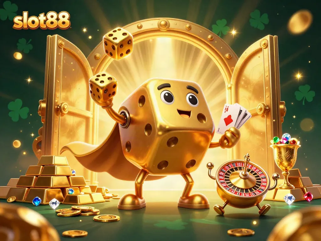 Join the excitement of slot88 with vibrant casino elements, showcasing golden treasures and dynamic characters.