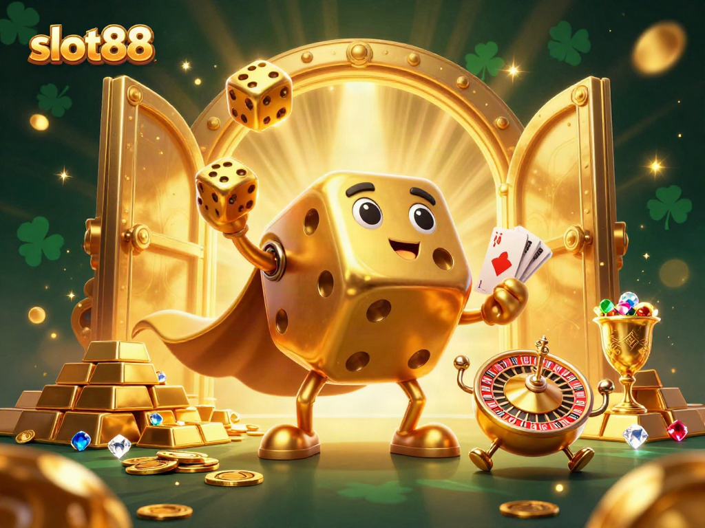 Join the excitement of slot88 with vibrant casino elements, showcasing golden treasures and dynamic characters.